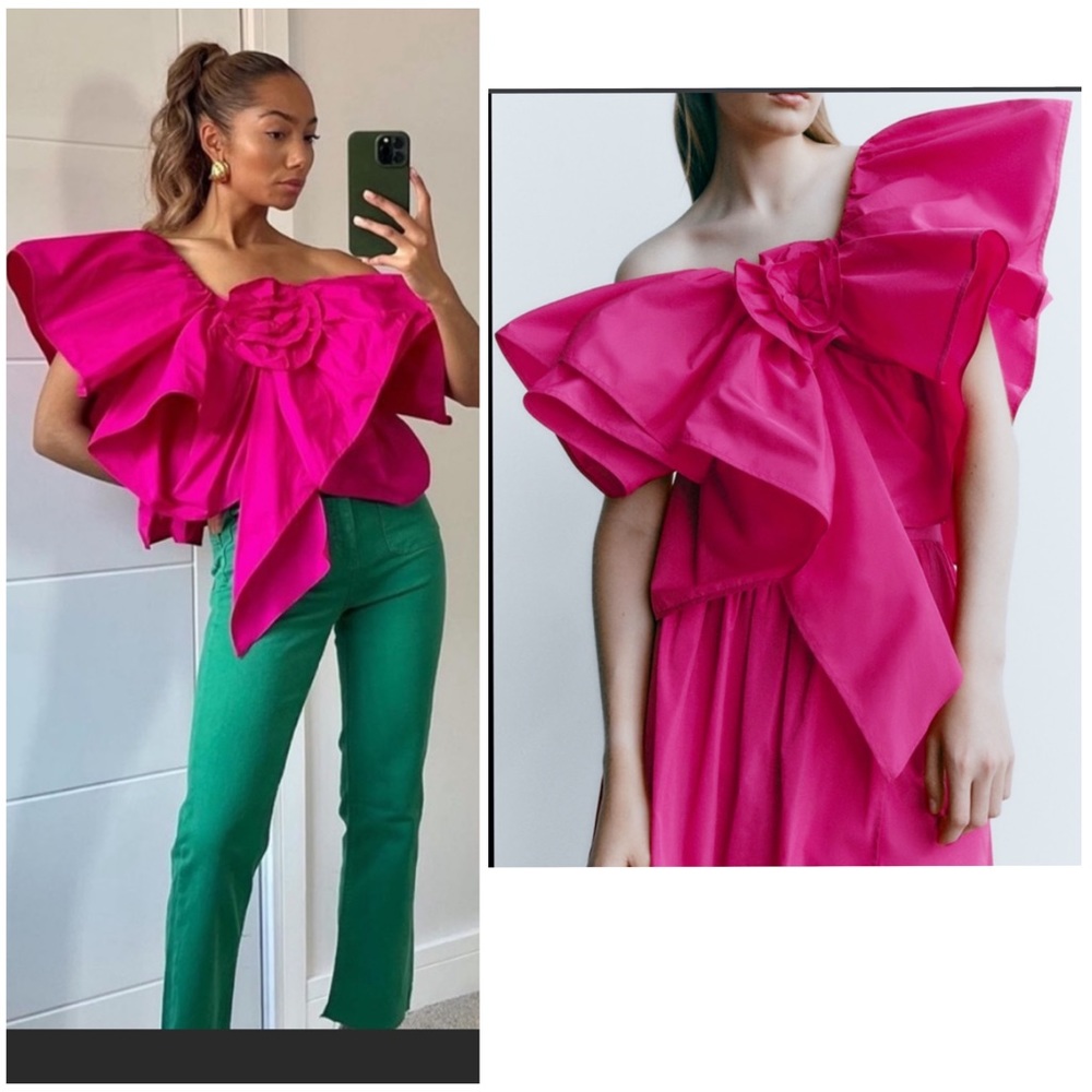 Zara raised rose ruffled asymmetric voluminous top - Picture 3 of 16